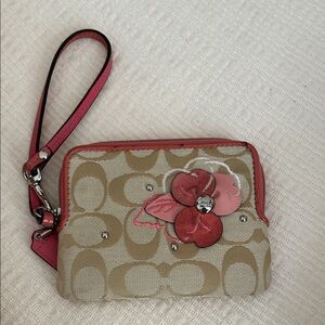 Coach Tan Signature Canvas with Suede Flower Wristlet